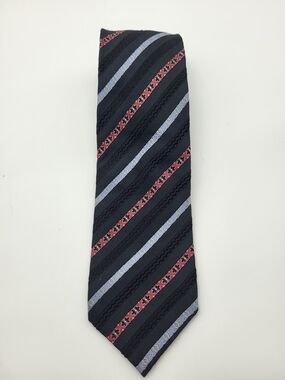 Klauss Boehler Men's Black Silk Striped Tie with Red and Light Blue Accents
